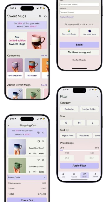Sweet Mugs app screens